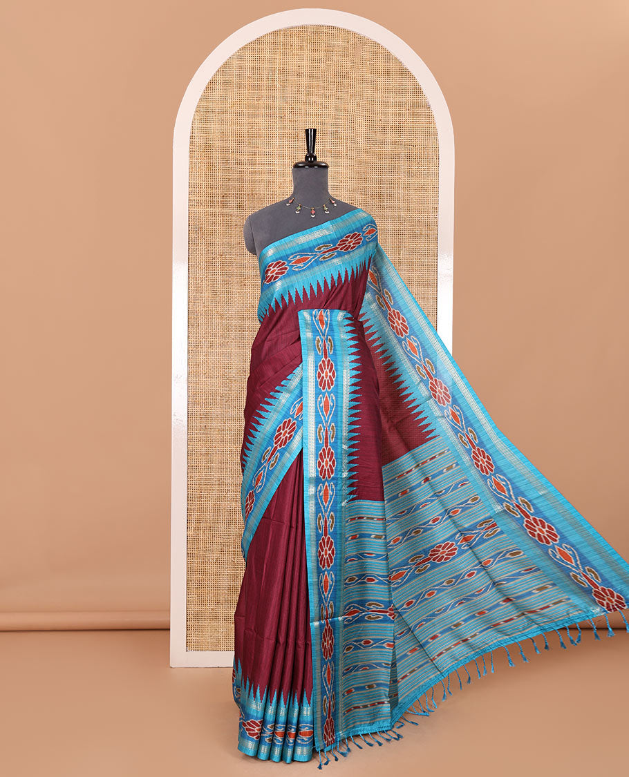 Wine plain Katan silk saree, contrast temple ikkat floral printed border, ikkat floral printed pallu, and ikkat printed blouse