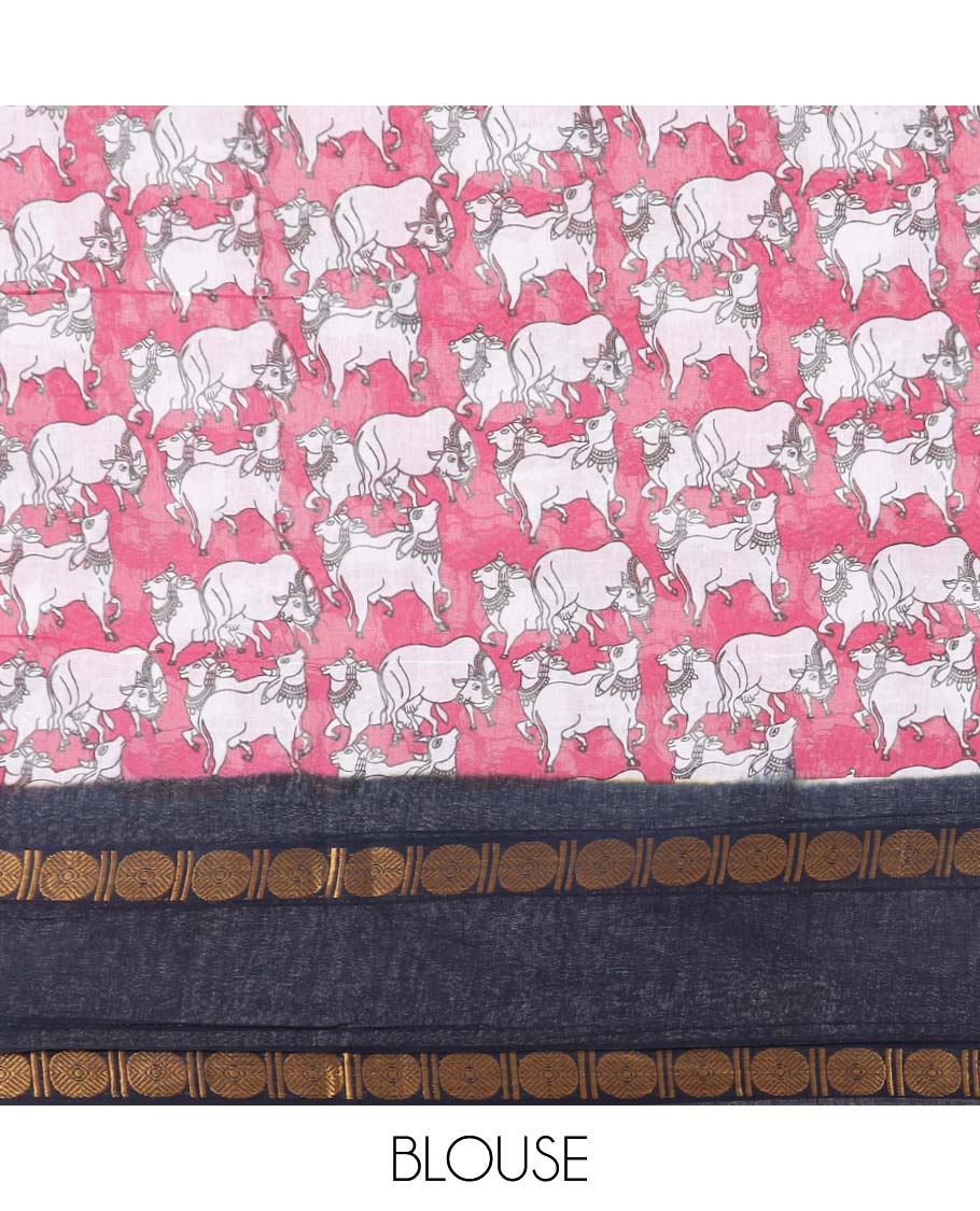 Pink pichwai printed sungudi cotton saree with contrast double pad, rudraksh border