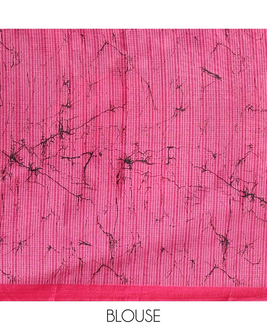 Black batik-style uniquely printed khadi cotton saree, contrast pink piping border & printed pallu