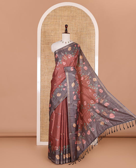 Brown floral motifs printed katan silk saree, contrast scallop floral printed with piping zari border, and contrast buttas blouse