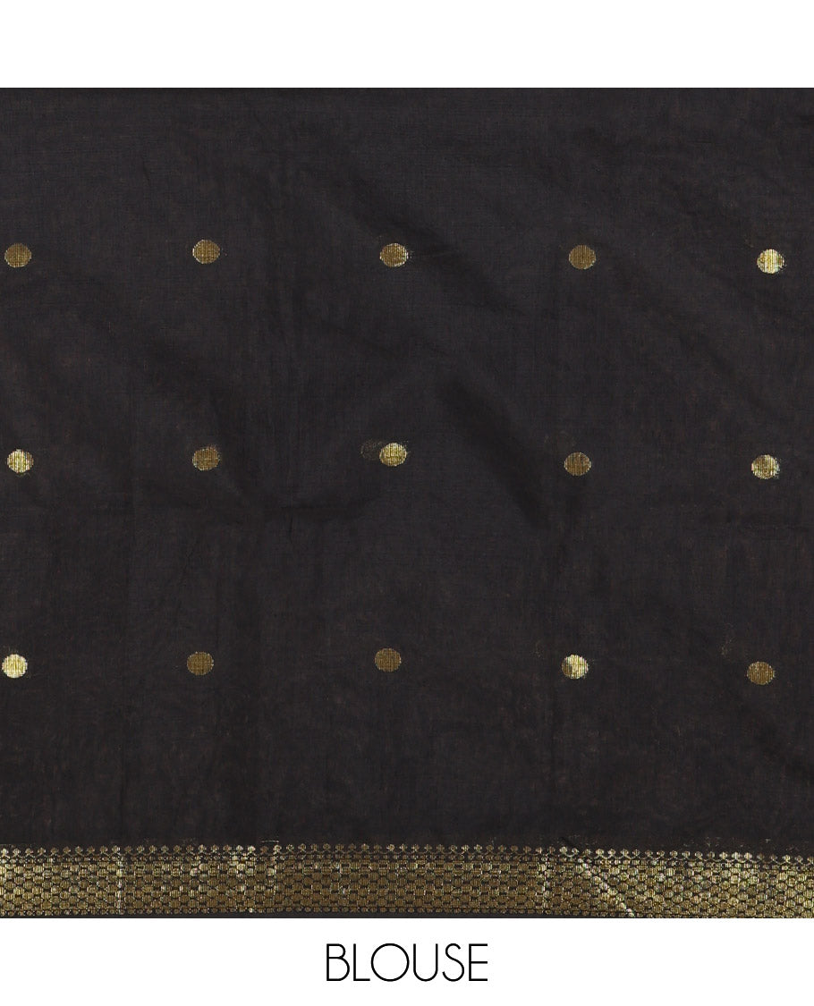 Grey Maheshwari Cotton Saree, Adorned with Flower Buttas All Over Its Body, Highlighted by Traditional Zari Border, Complemented by Contrast Pallu of Floral Buttas, and Paired with a Contrast Blouse