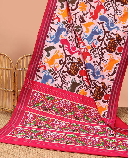 Cream animal motifs ikkat saree with contrast striped border & floral, animal deisgn pallu