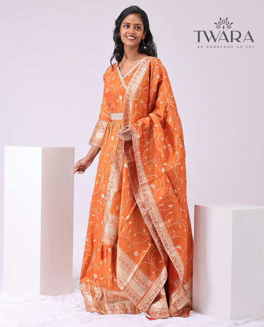 Orange floral v neck embroidered floor-length gown with 3/4 th sleeve & floral embroidered dupatta