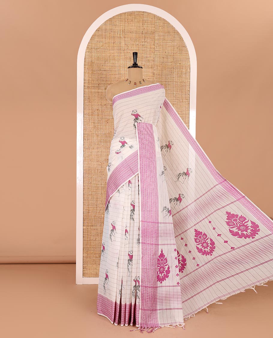 Cream-violet horizontal striped and girl motifs printed Mangalagiri cotton saree, traditional motifs woven border, printed pallu, and a contrast blouse