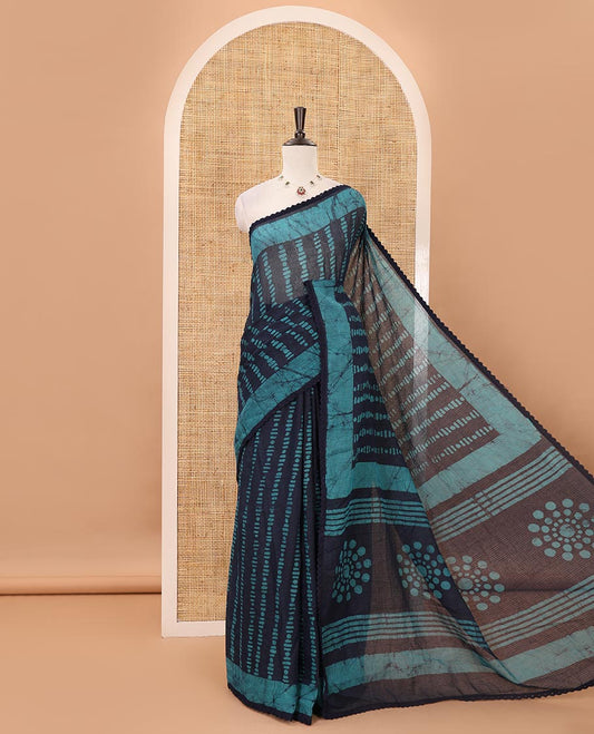 Blue handblock wax batik printed kota check saree, contrast batik print lacework border, batik print pallu & polka dots print blouse