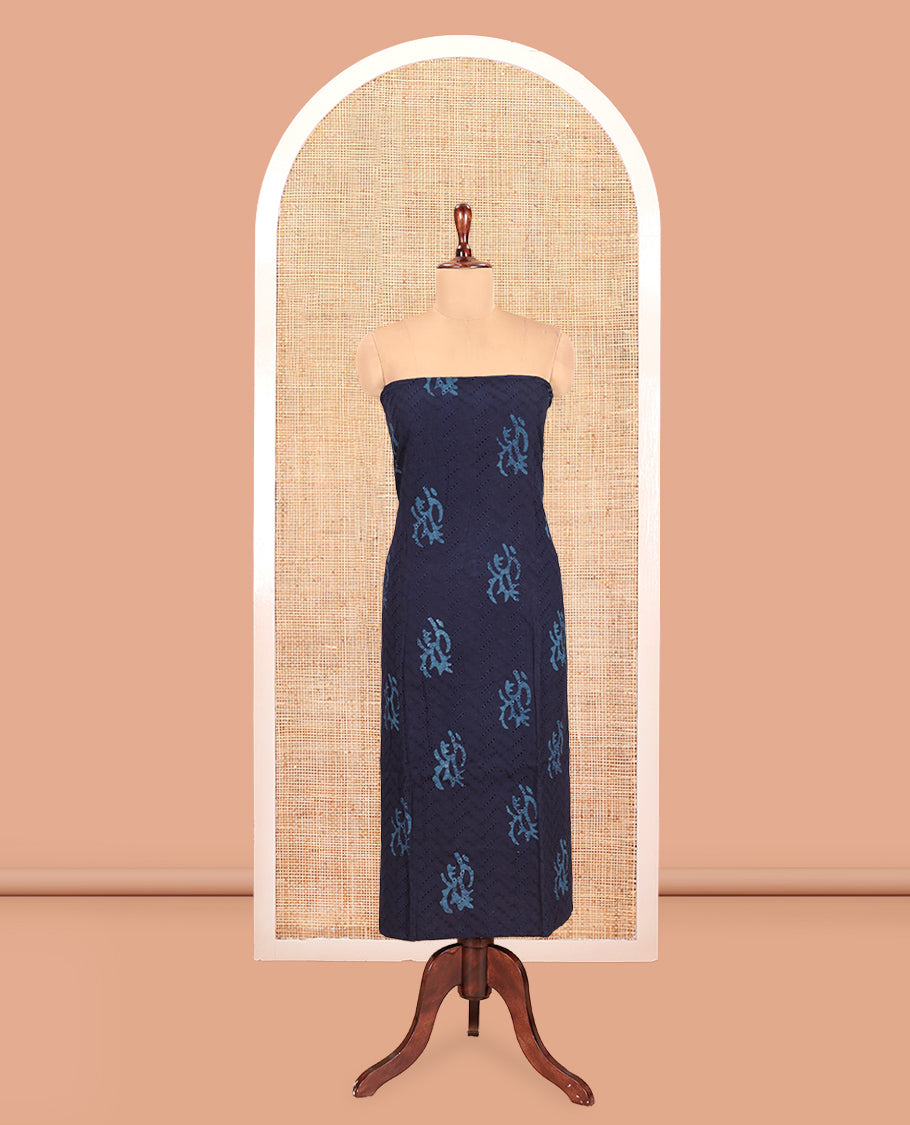 Navy Blue Cotton Material Chudidar, Batik Printed Hakoba Work Top, Contrast Bottom, Batik Printed Dupatta