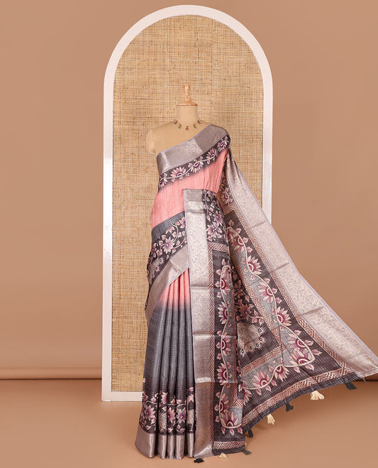 Light orange tri-ombre colored zari stripes, and floral vine printed semi-tussar saree, contrast floral creeper zari border, kalamkari peacock printed pallu, and a contrast blouse of zari work and print