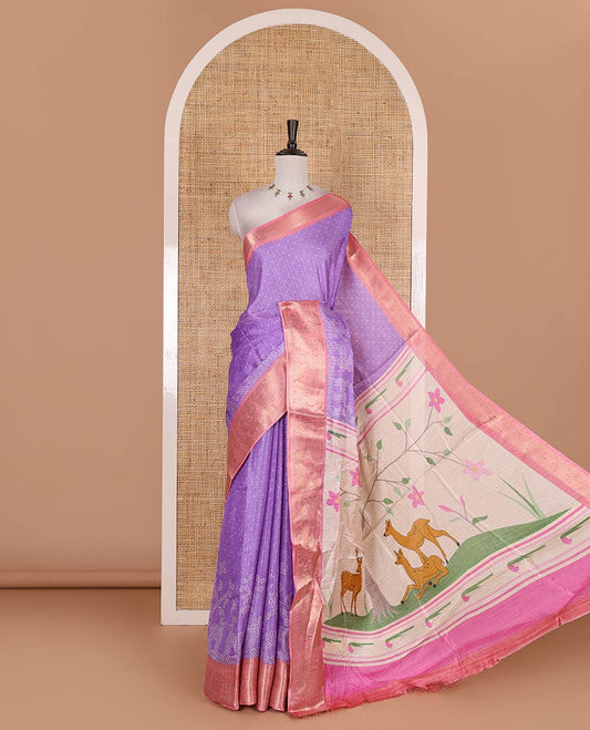 Lavender bandhani dotted trees, and deer motifs printed dola silk saree, contrast zari border, pallu of tree, and deer print, and contrast zari design blouse