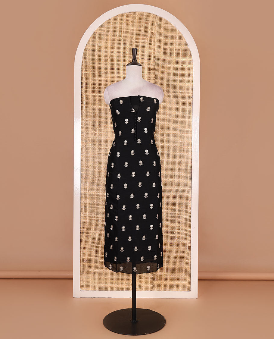 Black Vichitra silk material churidar set, floral motifs embroidered top, contrast Santoon bottom, and floral vine thread embroidered scallop dupatta