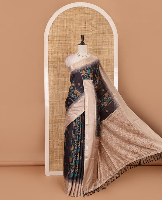 Black Jamdani-style floral printed katan silk saree, contrast bentex border, geometric printed pallu, and contact printed blouse