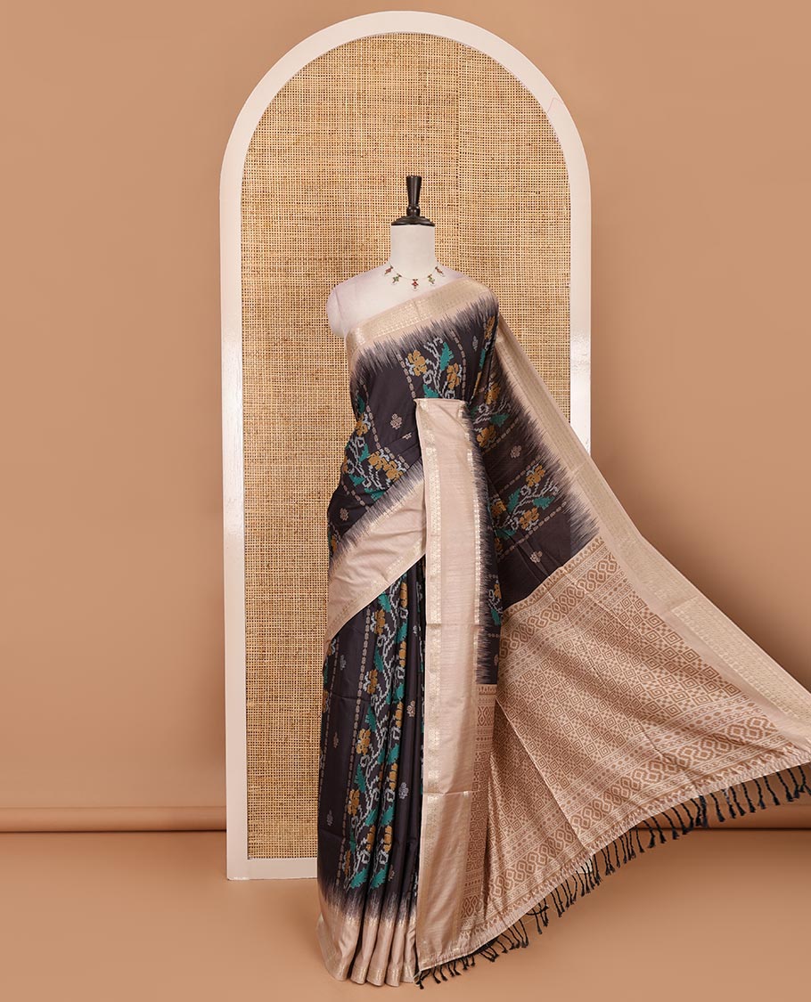 Black Jamdani-style floral printed katan silk saree, contrast bentex border, geometric printed pallu, and contact printed blouse