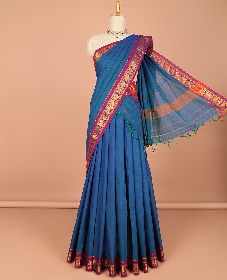 Purple cotton half saree contrast zari border with plain blouse & plain dhavani with contrast elephant zari border