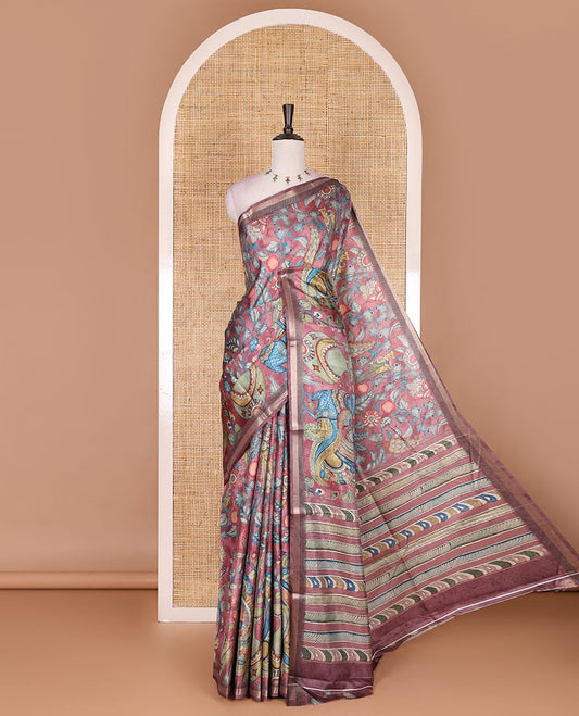 Pink-base multi-color kalamkari floral-vine and peacocks printed semi-tussar saree, gold zari piping border, kalamkari printed pallu, and contrast printed blouse