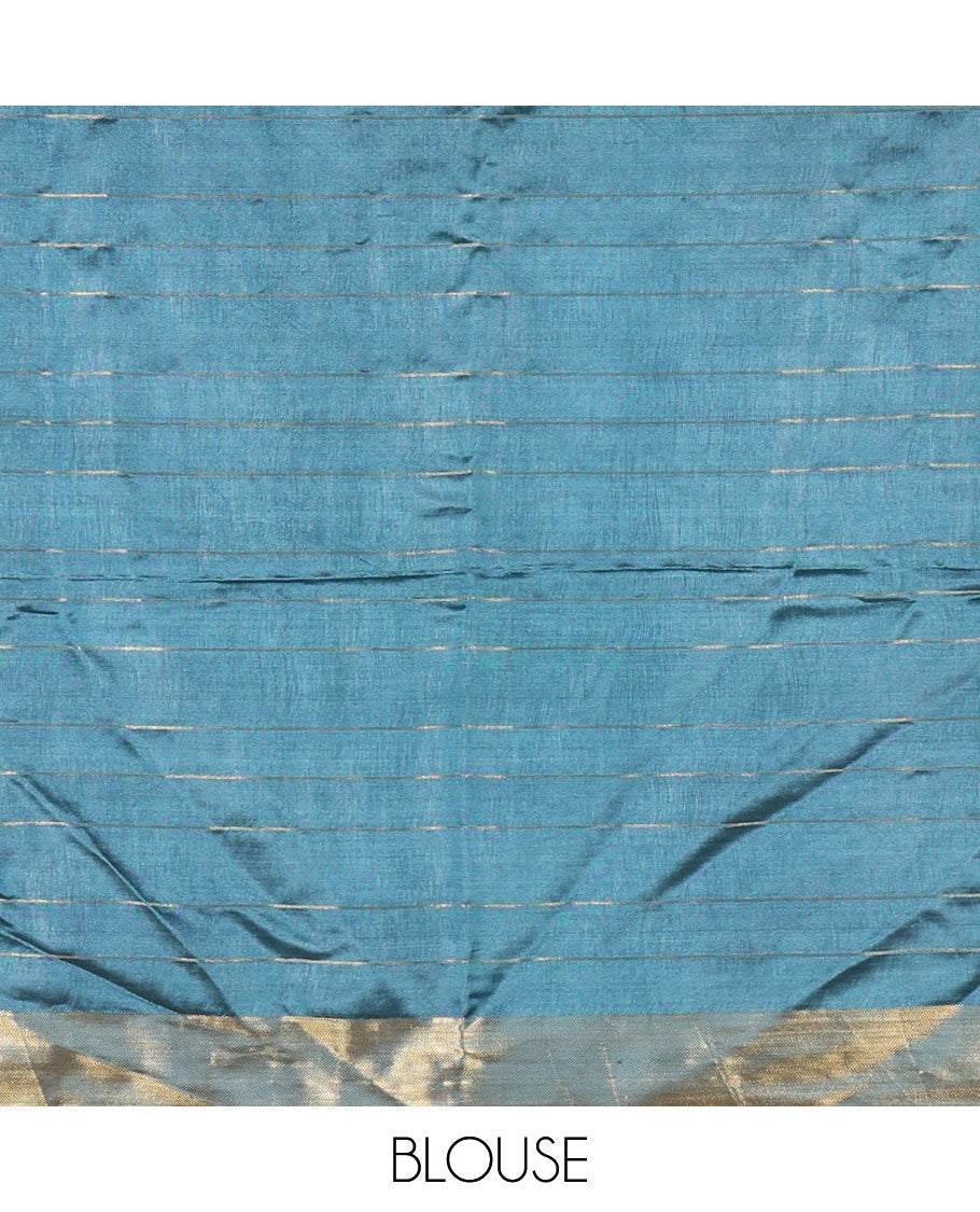 Peacock color zari buttas and striped banana pith saree, bavanji border, zari striped pallu, and a matching blouse