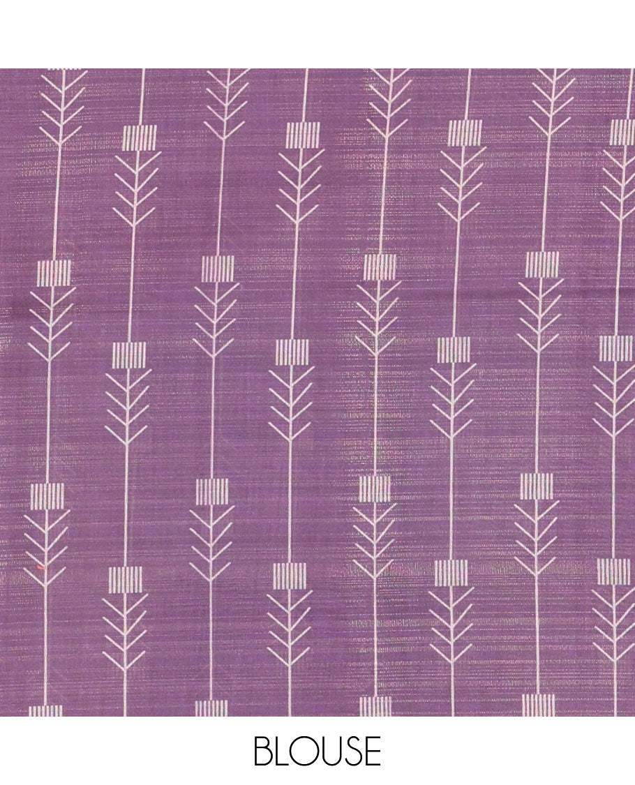 Blue Tissue Saree, Highlighted with Horizontal Stripes and Unique Motifs Printed All Over Its Body, Complemented by Contrast Printed Border, Pallu Depicts Geometric Patterns, and Paired with a Contrast Geometric Printed Blouse