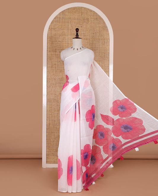 Borderless white and pink floral printed linen cotton saree, contrast plain blouse