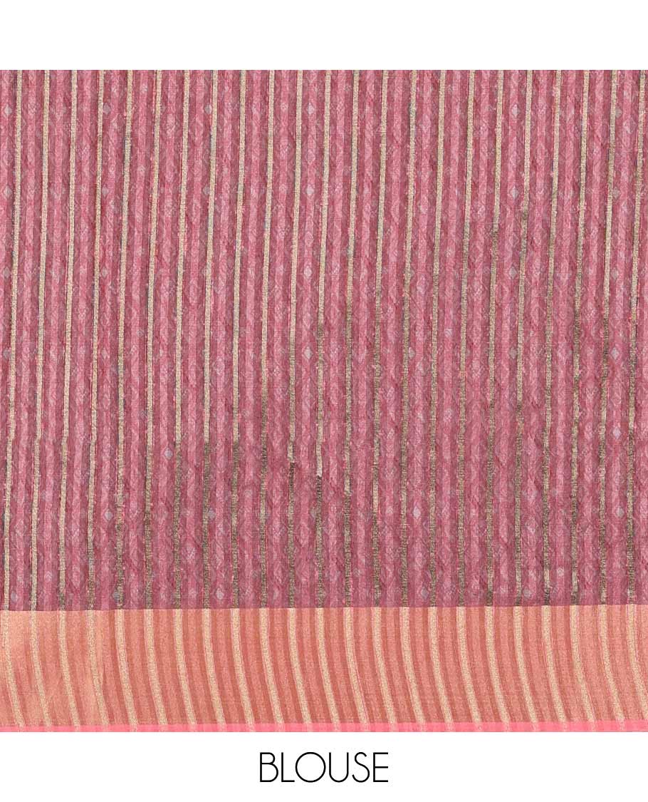 Pink ikkat style printed  khicha tussar saree with bawanchi border & jute weaving pallu along with printed blouse