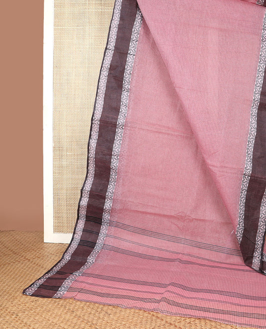 light pink checked bengal cotton saree with contrast geometric design border & checked pallu