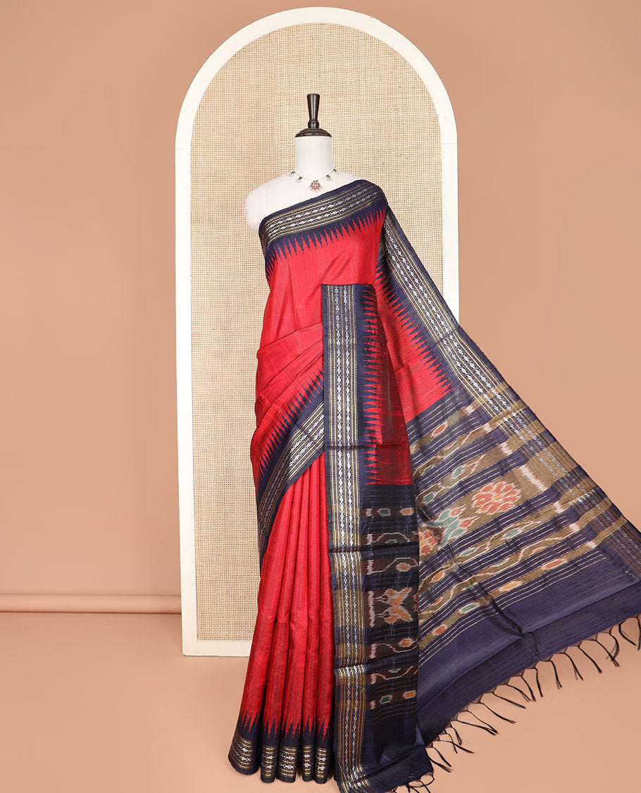 Red Plain Dupion Silk Saree, Complemented by a Contrast Temple Border  of Traditional Motifs in Thread, Pallu of Ikkat Designs, and Paired with a Contrast Blouse