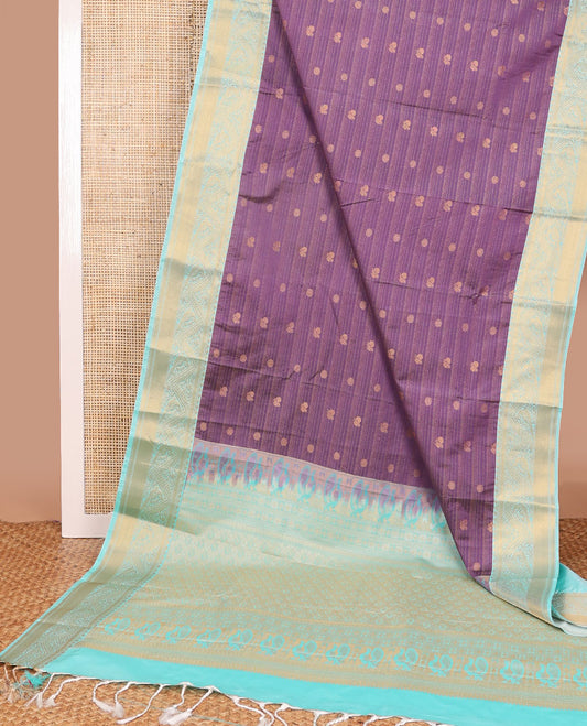 Purple striped,motifs gift saree with contrast zari design border & argyle design pallu