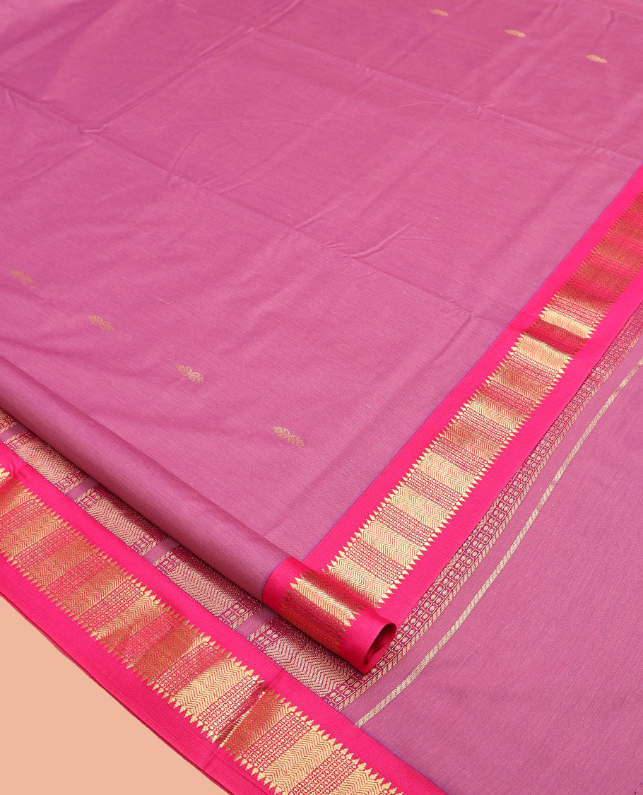 Pink Nine-Yard Art Silk Saree, Decorated with Buttas All Over Its Body, Complemented by a Contrast Traditional Zari Design Border, Pallu Steeped with Traditional Designs, and Comes Without a Blouse