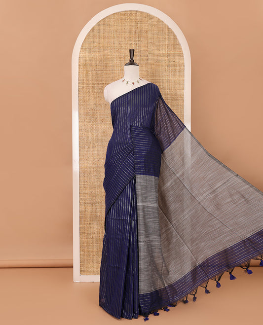 Borderless blue vertical striped khadi cotton saree, contrast grey plain pallu & matching plain blouse