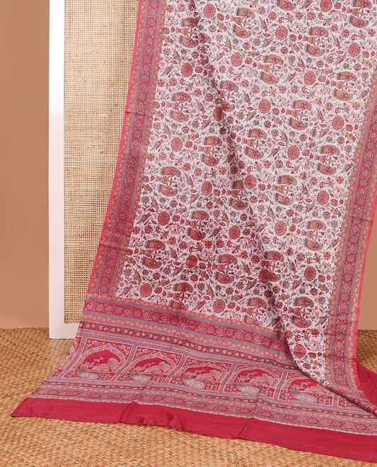 White madhubani design printed silk saree with contrast floral design border & intricate design pallu