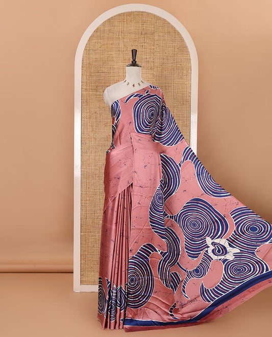 Borderless onion pink batik-style spiral printed satin crepe saree, printed pallu & matching printed blouse