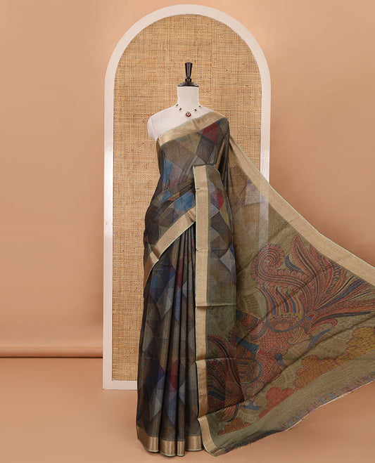 Olive green geometric-abstract printed black spun linen saree, zari piping border, Madhubani peacock printed pallu & Madhubani printed blouse