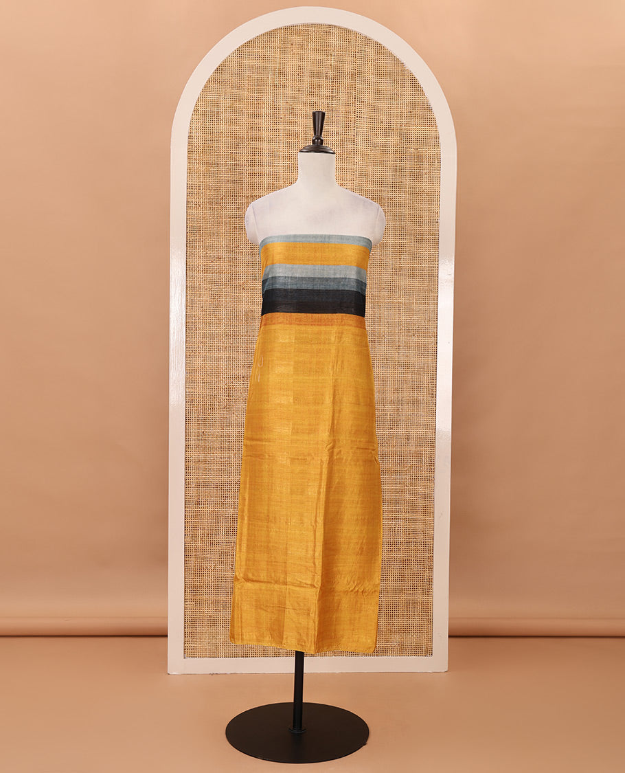 Mustard material chudidar set, horizontal ombre striped semi-tussar top, plain santoon bottom & horizontal ombre striped dupatta with tassels