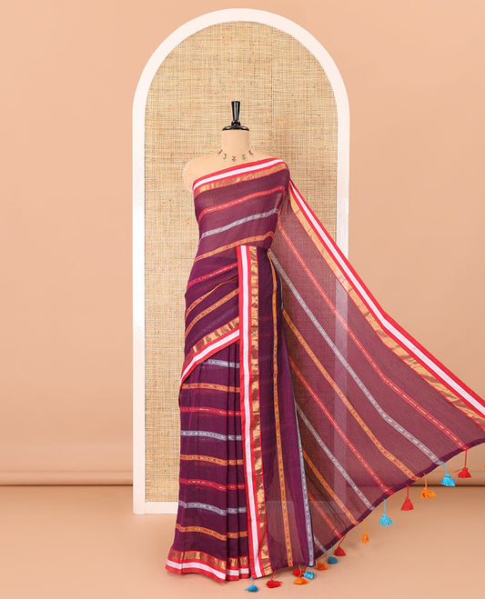 Purple horizontal multi-colored striped Khadi mul cotton saree, contrast satin gold zari piping border, striped pallu, and a matching blouse