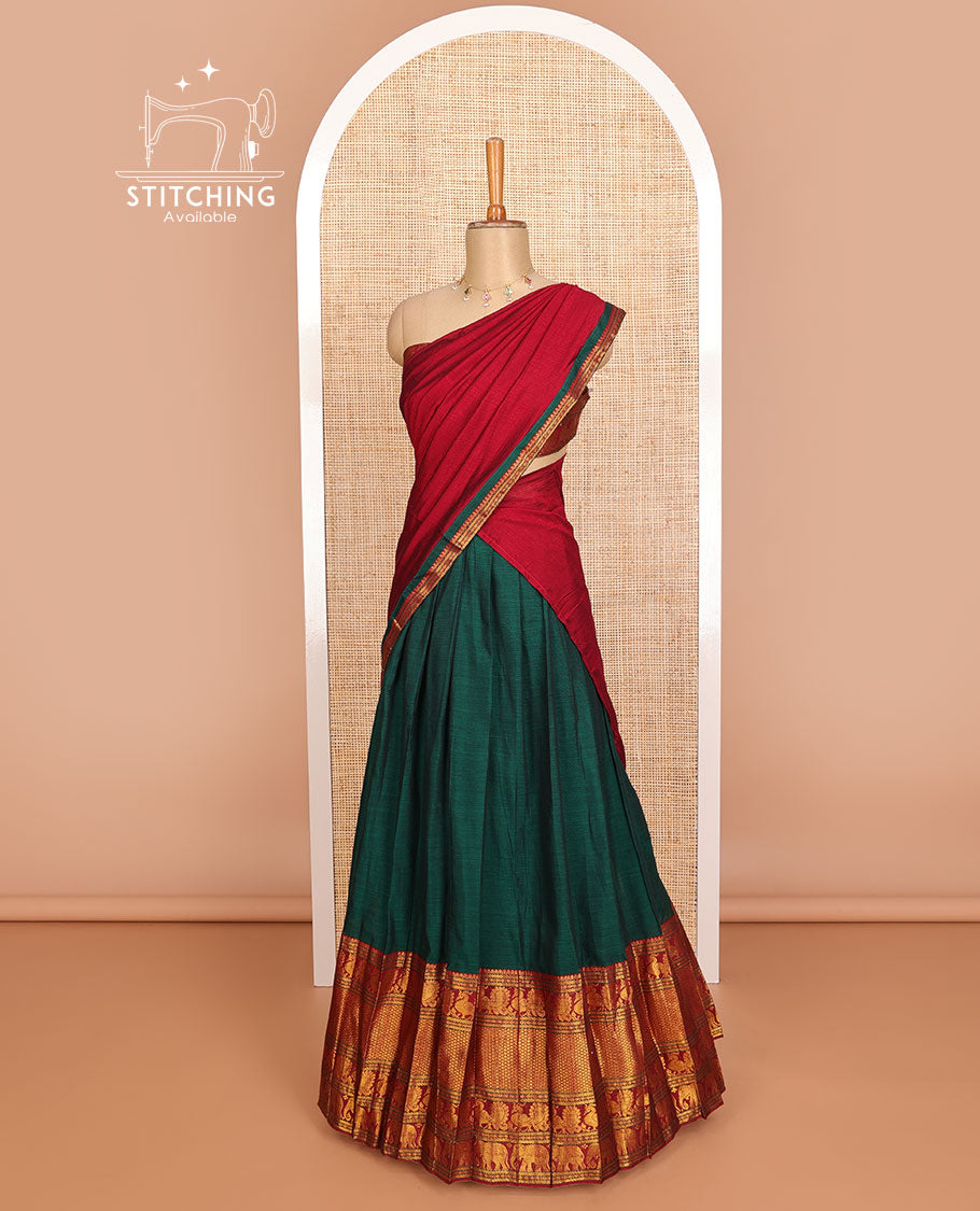 Green cotton half saree with contrast traditional zari design border, zari design blouse & plain, zari design border dhavani
