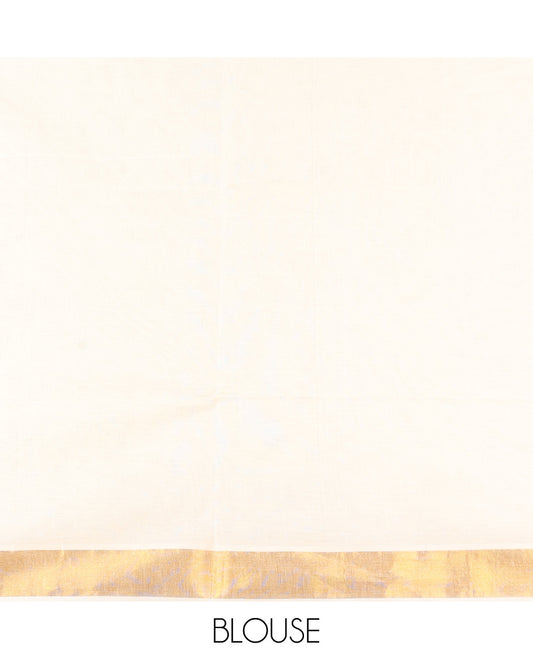 Cream Kerala Saree, Decorated with Zari Buttas on Its Body, Subtly Sparkled Bavanji Border, Pallu Zari  Woven with Floral Designs, and Paired with a Matching Blouse