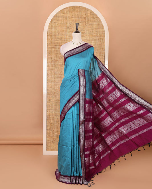 Blue full-plain Kalyani cotton saree, contrast traditional zari design border, zari design steeped pallu & contrast plain blouse