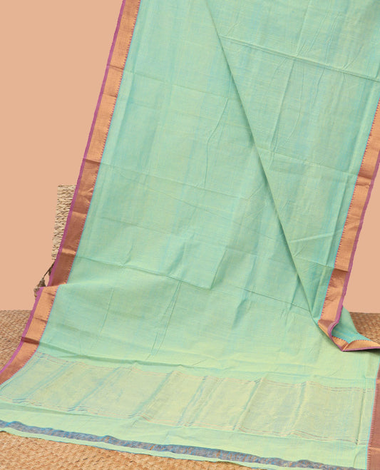 Light green mangalagiri cotton saree with contrast striped, temple border & striped pallu
