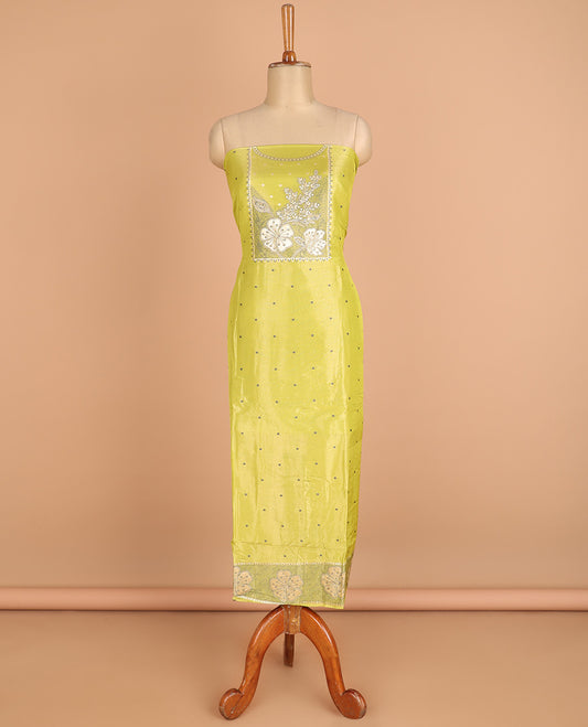 green chudidhar material chanderi tissue neck weaving thread, floral butta top with satin cotton pants & chanderi tissue zari weaving dupatta