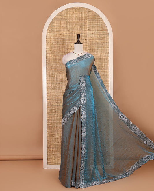 Peacock blue full-plain fendy chiffon saree, scallop swarovski stone work geometric border and contrast plain blouse