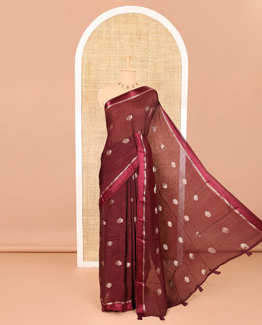 Brown floral zari buttas viscose khadi silk saree, traditional zari satin border, floral zari buttas woven pallu, and a matching zari design blouse