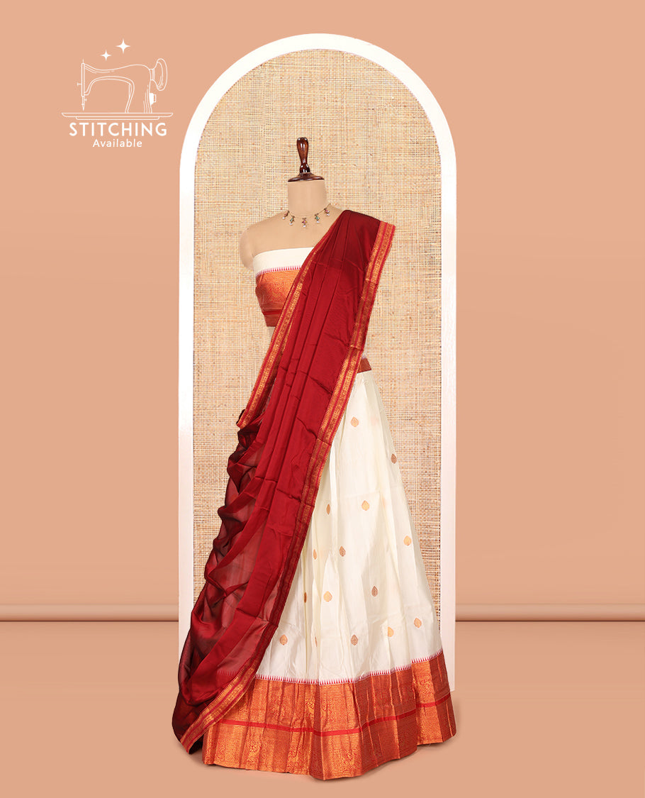 Cream-Maroon Banaras-Silk Half-Saree Features Zari Buttas Skirt, a Contrast Traditional Border, a Matching Blouse, a Contrast Dhavani