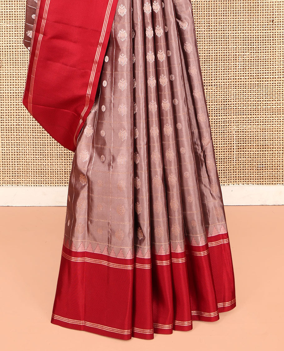 Pale Brown Kanchipuram Silk Saree, Delicately Woven with Iruthalaipakshi Butta Enclosed Checks on Its Body, Complemented by a Contrast Temple Border, Sparsely Woven Jaal Pallu, and Paired with a Contrast Blouse