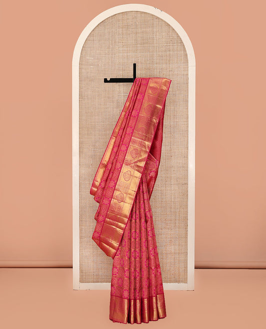 Pink Kanchipuram Wedding Silk Saree, Meticulously Crafted with Jacquard Design On Its Body, Complemented by Contrast Border of Traditional Zari Designs, Grand Jaal Pallu and Paired with a Matching Blouse