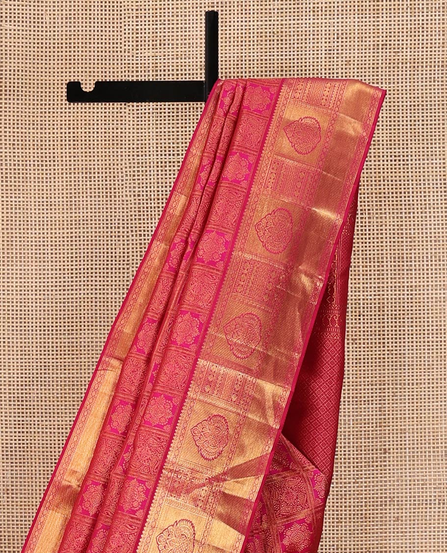 Pink Kanchipuram Wedding Silk Saree, Meticulously Crafted with Jacquard Design On Its Body, Complemented by Contrast Border of Traditional Zari Designs, Grand Jaal Pallu and Paired with a Matching Blouse