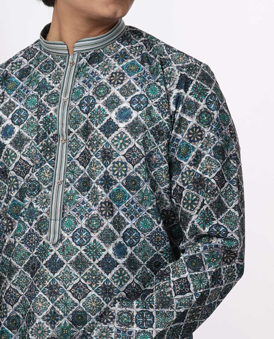 Multi-color intricate floral design mandarin collar & full-sleeve long raw silk kurta