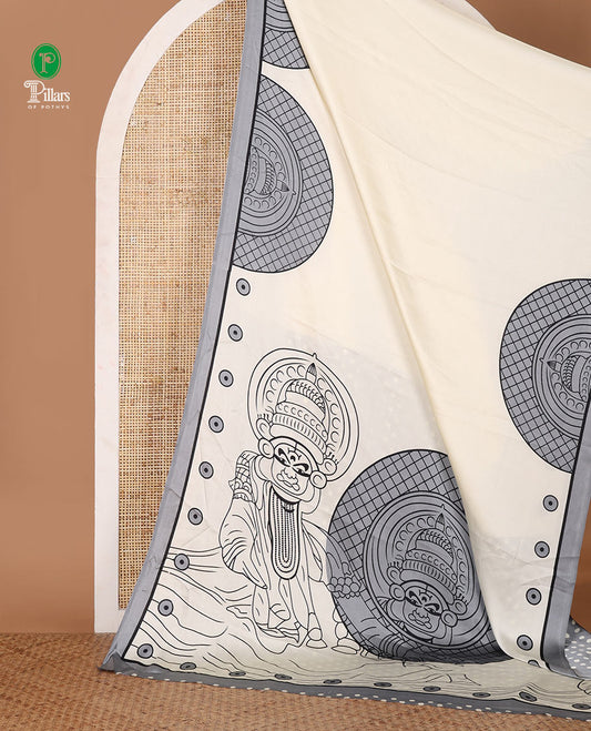 Cream printed semi-modal silk saree,  contrast grey border of kathakali motif enclosed semi-circle, kathakali printed pallu & printed blouse