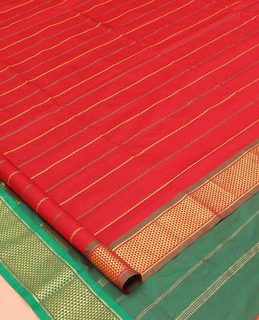 Red Neli Striped Nine-Yard Saree, Complemented by a Contrast Ara Maadam Border, Contrast Pallu of Stripes, and No Blouse