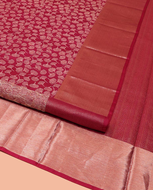 Wine Samudrika Silk Saree, Gleamed Up with Floral Buttas on Its Body, Highlighted by a Zari Border, Pallu of Geometric Designs, and Paired with a Matching Blouse