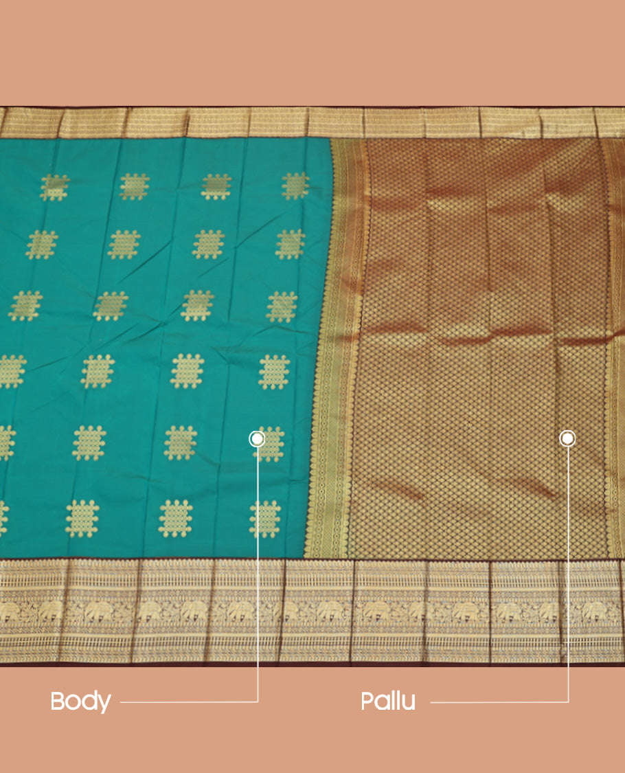 Green Budget Silk Saree, Majestically Detailed with Kolam Buttas, Complemented by a Contrast Traditional Border, Grand Jaal Pallu, and a Contrast Blouse