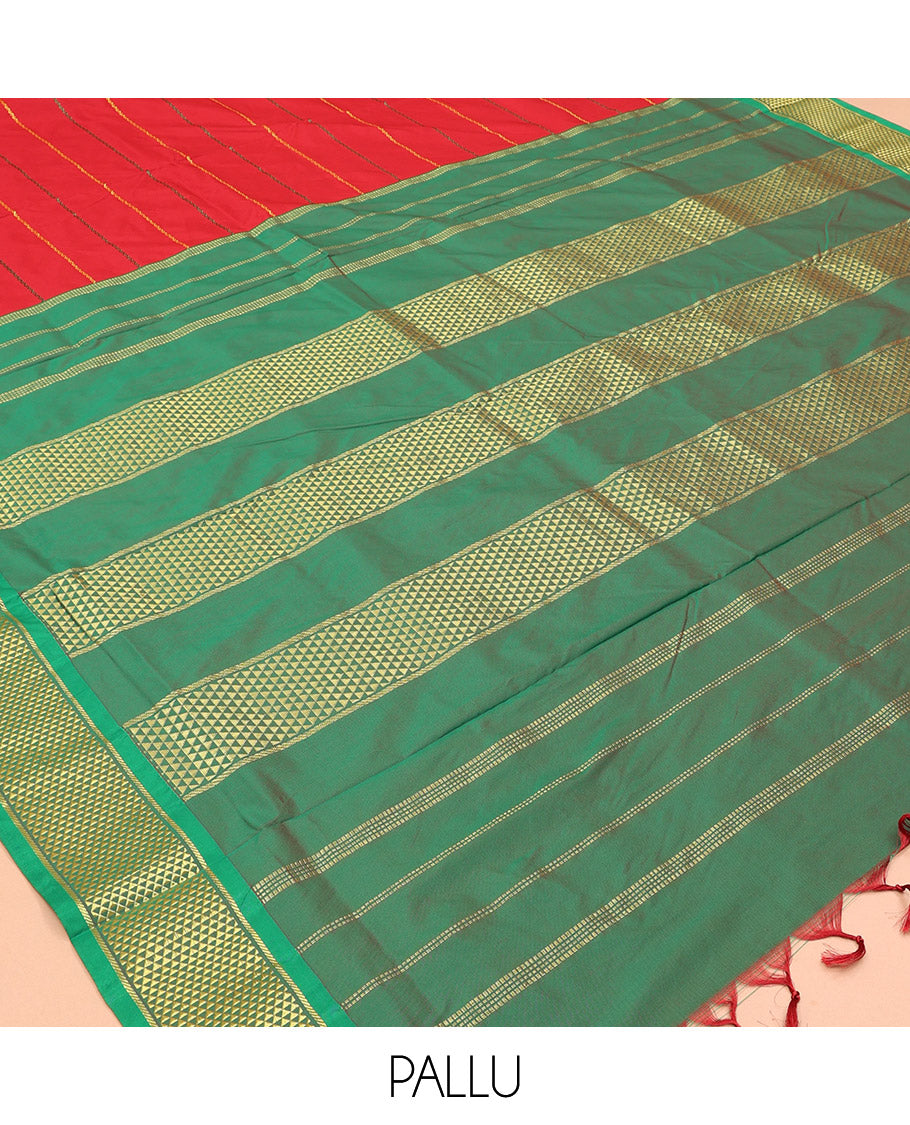 Red Neli Striped Ten-Yard Saree, Complemented by a Contrast Ara Maadam Border, Contrast Pallu of Stripes, and No Blouse