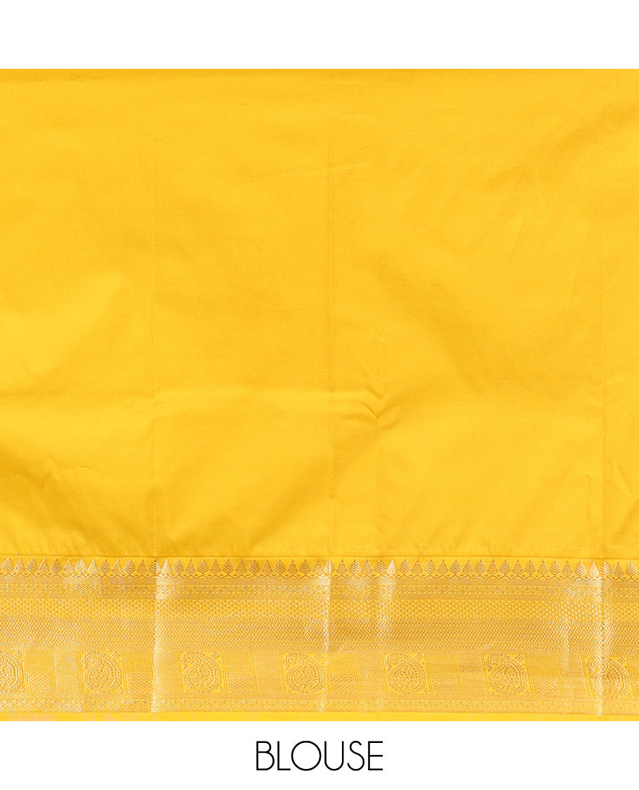 Biscuit-Yellow Budget Silk Saree, Subtly Sparkled with Zari Buttas, a Contrast Traditional Zari Border, Grand Pallu, and a Contrast Blouse