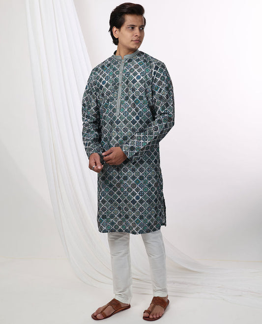 Multi-color intricate floral design mandarin collar & full-sleeve long raw silk kurta
